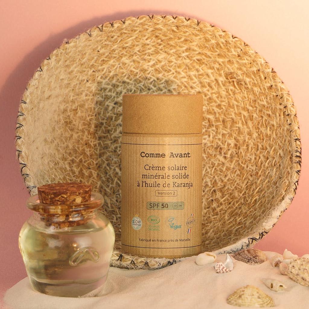 Crème solaire solide SPF 50 à l'huile de Karanja Comme Avant